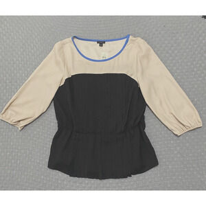 - Ann Taylor Peplum Top Blouse Womens Sz L Black Beige Pintuck Pleats NWT